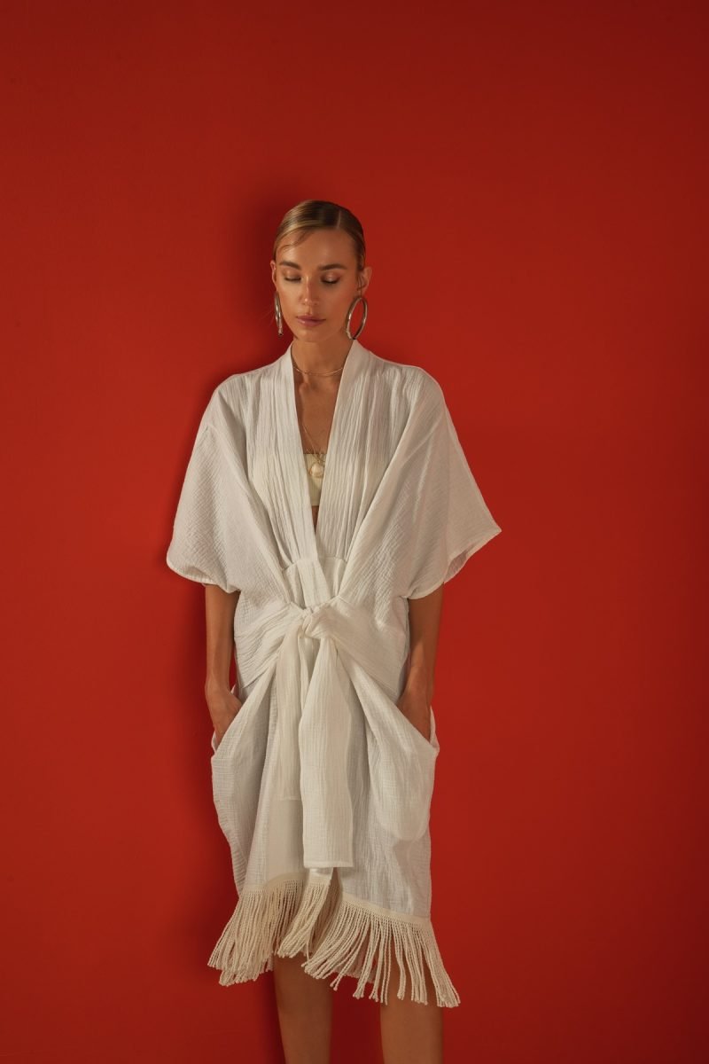 Lila-Eugenie Designer Ivory Luxury Fringe Kimono in Cotton for Women