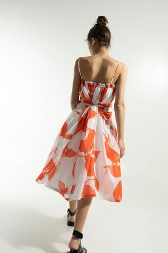 Lila-Eugenie Designer Orange/White Print Luxury Parrot Dress in Cotton for Women