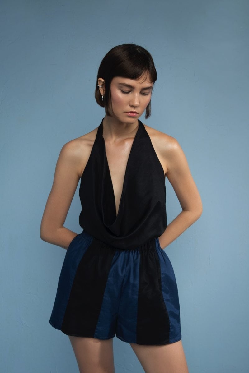 Lila-Eugenie Designer Blue Luxury Halter Top in Cotton Silk Voile for Women