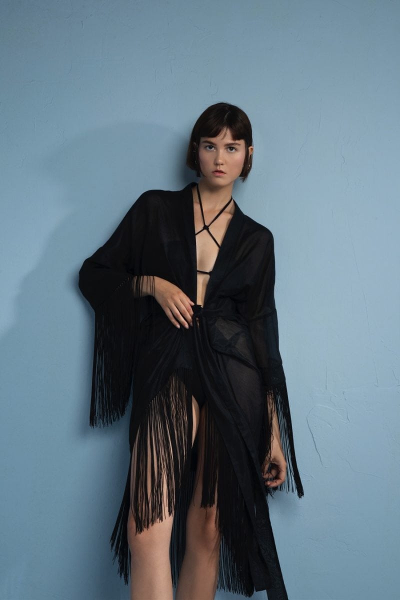Lila-Eugenie Designer Black Luxury Fringe Kimono Cover Up in Cotton Silk Voile for Women