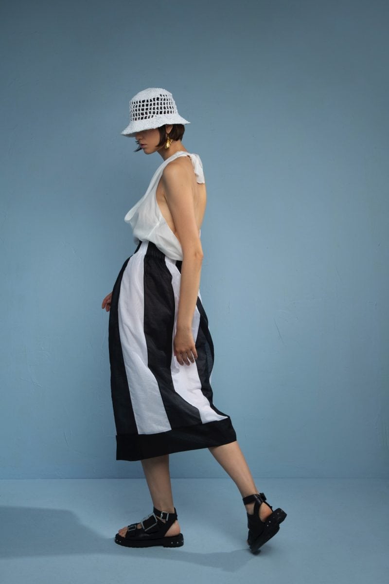 Lila-Eugenie Designer Blue/Black Luxury Striped Circus Pantalone in Cotton Silk Voile for Women