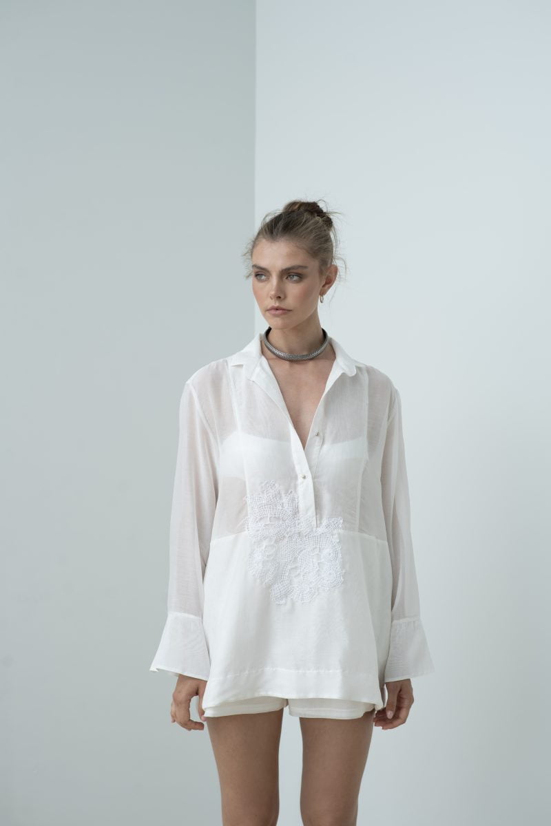 Designer Luxury Sand Shirtdress in Cotton Silk Voile for Women